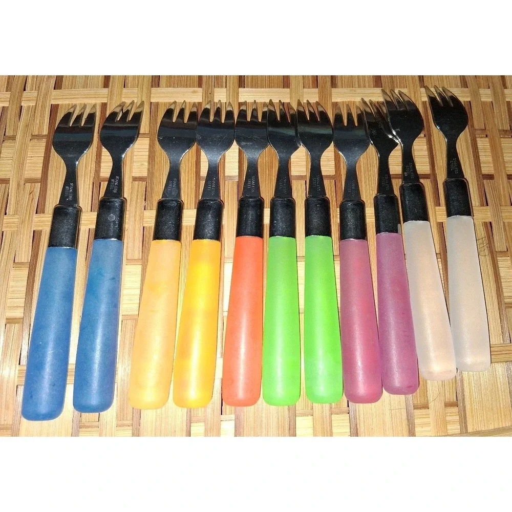 Vintage MCM Lucite Style Handle Cocktail Seafood Forks Set of 11 Rainbow Stainle